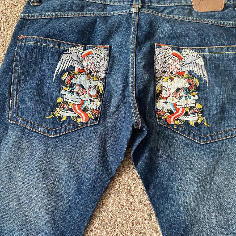 Ed Hardy Dark Blue Bootcut Jeans with Tatoo Embroidered Design - Picture 4 of 6